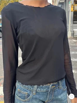 Винтажные сетчатые тонкие футболки с оборками, женские черные, с круглым вырезом, сексуальные прозрачные футболки с длинным рукавом, повседневная летняя уличная одежда, Топы Y2k