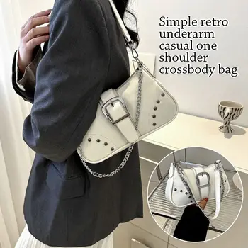 Винтажные сумки через плечо с заклепками, однотонная женская сумка подмышками, модные женские маленькие сумочки на цепочке, женская сумка-тоут из искусственной кожи