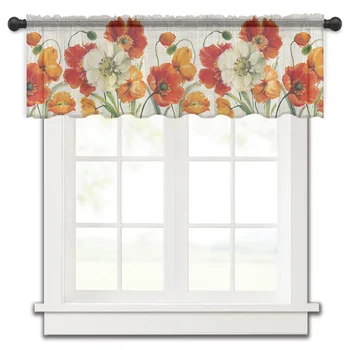 Винтажные цветы Маки, занавеска на маленьком окне кухни, тюль, прозрачная короткая занавеска, спальня, гостиная, домашний декор, вуалевые шторы.