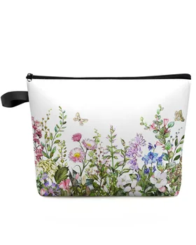 Винтажный акварельный цветок, трава, растение, дорожная косметичка на заказ, портативная сумка для хранения макияжа, женский водонепроницаемый пенал