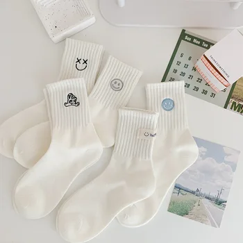 Вышитые носки с двойной иглой, детские модные японские носки Ins с милым улыбающимся лицом, носки средней длины, носки для студенток