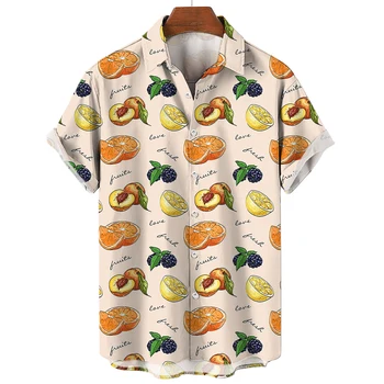 Гавайская рубашка Мужская с фруктовым принтом, топы с коротким рукавом и пуговицами на лацканах, летняя модная индивидуальная рубашка, крутая пляжная мужская рубашка оверсайз