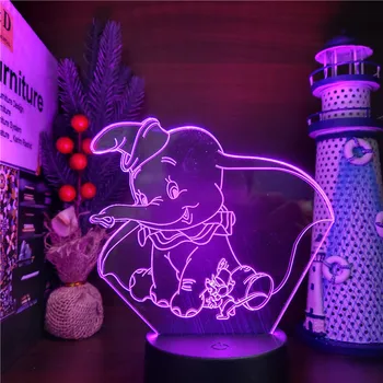 Дамбо Мультфильм 3D Визуальный Свет LED Дамбо Фигурка Ночник Для Детей Декор Детской Спальни Ночник Изменение Цвета Настольная Лампа Подарок