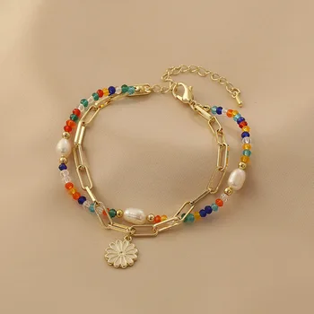 Двухслойный Цветной браслет из бисера Для Мгновения, Новый дизайн, Летний Свежий двухслойный браслет с цветком маргаритки, ювелирные изделия