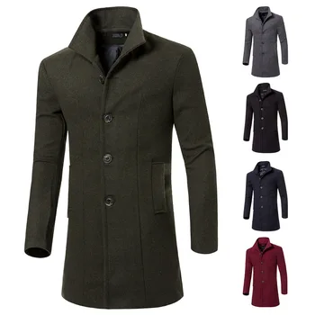 Демисезонное Длинное пальто Оверсайз, мужское Шерстяное пальто армейского зеленого цвета, мужское винтажное пальто с длинным рукавом и воротником-стойкой, Приталенное мужское пальто XXXL