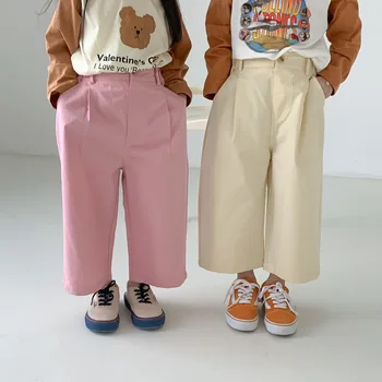 Детские брюки 2023, весенние новые Корейские однотонные повседневные прямые брюки для девочек, шесть цветов, свободные широкие брюки для мальчиков