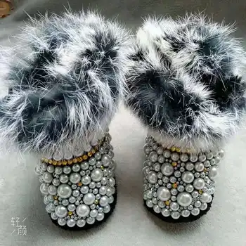 Детские зимние ботинки Dollbling с кристаллами и бриллиантами, теплые пушистые противоскользящие блестящие стразы, жемчуг, подарок на память, обувь ручной работы, расшитая бисером