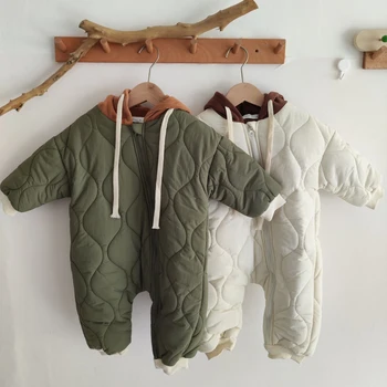 Детский Пуховый хлопковый однотонный комбинезон, одежда с капюшоном для новорожденных мальчиков и девочек, Зимний комбинезон, утепленная теплая верхняя одежда 0-24 м