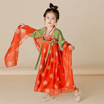 Детское платье из парчи Hanfu для девочек с вышивкой кои в китайском стиле, весенне-летняя одежда для выступлений в старинном стиле