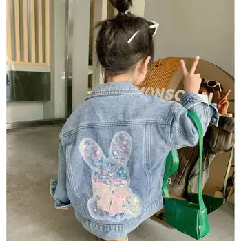 Джинсовая куртка для девочек 2023, весенний новый кролик, детская повседневная верхняя одежда с героями мультфильмов, Универсальное детское осеннее пальто