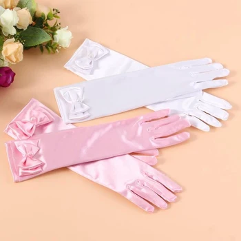 Длинные эластичные атласные перчатки для цветочницы, детские вечерние перчатки для выступлений с милым жемчугом и бантом для девочек, аксессуары