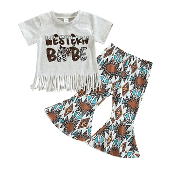 Для малышей, для маленьких девочек, комплект из 2 предметов в западном стиле, футболки с короткими рукавами и буквами + расклешенные брюки с рисунком, 6 М-4 Т