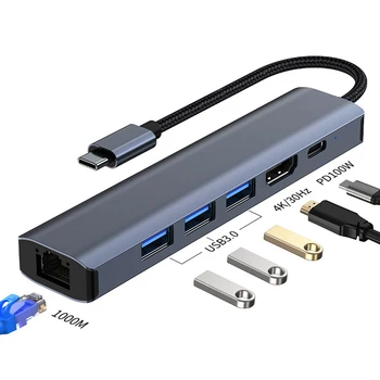 Док-станция-Удлинитель 6-в-1/5-в-1 USB C мощностью 100 Вт, PD 5 Гбит/с, Адаптер-Концентратор Type C, Разветвитель 4K 30HZ, HDMI-совместимый RJ45 1000M для Ноутбуков