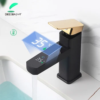ЖК-интеллектуальный цифровой дисплей Смеситель для раковины в ванной Кран для раковины Сенсорный экран Латунный кран для холодной и горячей воды на бортике