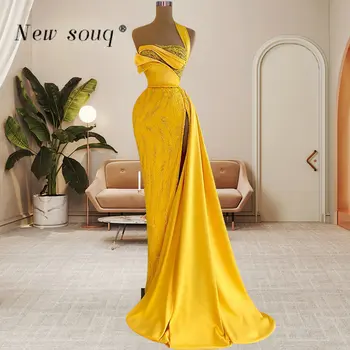 Желтое Вечернее платье с длинным рукавом, расшитое блестящими Пайетками, расшитое бисером, с атласным хвостом Сбоку, с высоким разрезом, Свадебное платье из серебристого хрусталя