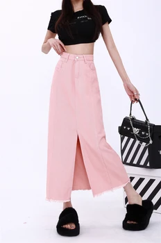 Женская дизайнерская Розовая Джинсовая юбка с разрезом, НОВАЯ летняя женская Тонкая юбка-трапеция средней длины с высокой талией и прочной бахромой.