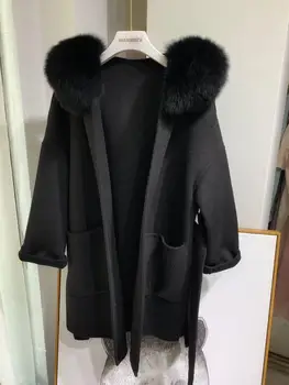 Женская кашемировая шуба С капюшоном, отделанным кауальным мехом, Шерстяная куртка С большим воротником из лисьего меха, Свободное пальто с поясом, женское