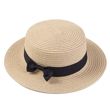 Женская летняя шляпа, пляжная шляпа от солнца, женская мода, соломенная шляпа с плоским дном с галстуком-бабочкой, повседневная панама