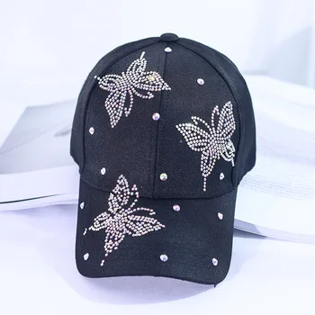 Женская модная элегантная бейсболка со стразами, цвет бабочки, Бриллиантовая кепка, Черная солнцезащитная шляпа
