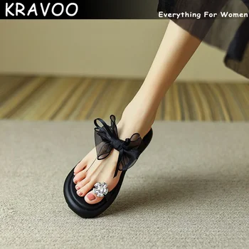 Женская обувь на платформе KRAVOO, женские тапочки с острым носком, босоножки со стразами и узлом-бабочкой, ретро-вьетнамки, пляжные тапочки