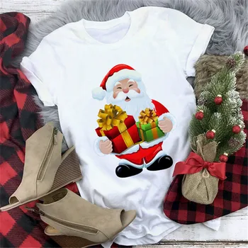 Женская одежда с рождественским принтом Санта-Клауса и подарков, женская белая футболка в стиле харадзюку, женская футболка с коротким рукавом, повседневные мягкие топы