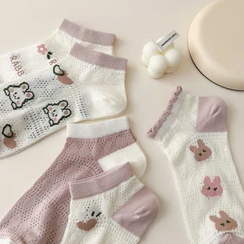 Женские весенне-летние хлопчатобумажные носки из тонкой сетки с рисунком в виде цветочка, розовые легкие носки в стиле колледжа