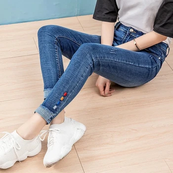 Женские джинсы, женские синие эластичные Корейские джинсы с отбортовкой, весенне-осенние джинсовые брюки 2023 года, женские узкие брюки-карандаш, женские джинсы