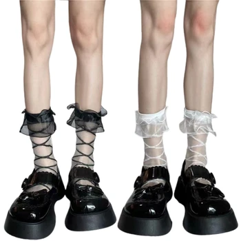 Женские носки до середины икры с плиссированным подолом, милые чулки с кружевным вырезом в полоску, летние модные милые чулки