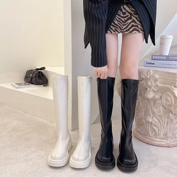 Женские сапоги выше колена с круглым носком-Женская обувь, роскошная дизайнерская обувь выше колена, до середины икры, 2022, женская осенняя низкая мода
