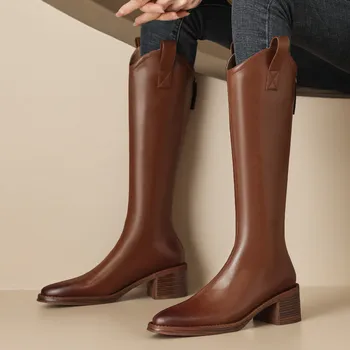 Женские сапоги тренд 2023 натуральная кожа средний каблук толщиной 5,5 см, круглый носок, молния сбоку, осенние сапоги до колена, зимние длинные сапоги, обувь