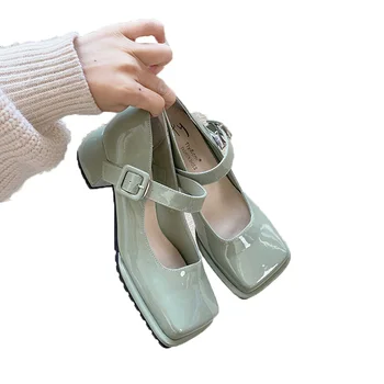 Женские туфли с квадратным носком на неглубоком каблуке из лакированной кожи, женские туфли-лодочки Mary Jane с пряжкой, женская весенне-осенняя обувь Zapatos De Muje