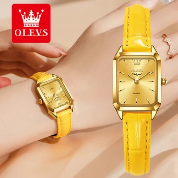 Женские часы бренда OLEVS, модные квадратные женские кварцевые часы, браслет с зеленым циферблатом, простые кожаные часы, роскошные женские часы