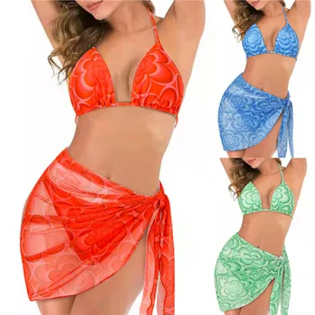 Женский Цветной Регулируемый плечевой ремень с растительным принтом, отделка рюшами, купальник-бикини, пляжная юбка, купальники из трех частей