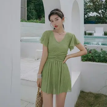 Женский купальник зеленого цвета, сексуальная присборенная грудь, Высококачественная Корейская фея, закрывающая живот, утягивающий цельный купальник-боксер в стиле юбки
