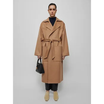 Женское пальто 2021 Осенне-Зимнее Двустороннее Шерстяное Пальто с Поясом, Длинное Шерстяное пальто