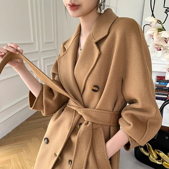 Женское шерстяное пальто 2023 года, длинный плащ с лацканами, двубортная ветровка, женское однотонное удлиненное кашемировое пальто