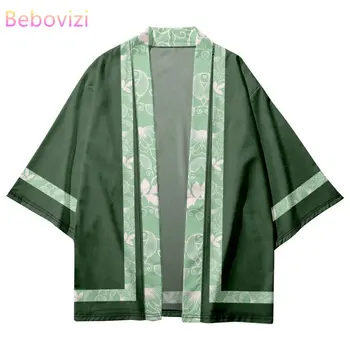 Зеленое Кимоно 2023, летнее пляжное кимоно с геометрическим принтом, Японское кимоно Самурая, модный Мужской женский кардиган Haori Obi, топы Оверсайз
