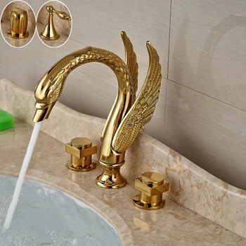 Золотой смеситель для умывания с двойной ручкой в форме лебедя Широко Распространенный настенный смеситель для ванной комнаты с горячей и холодной водой