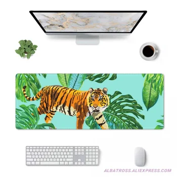 Игровой коврик для мыши Tigers In Tropical Palm Leaves, прошитый резиной по краям, 31,5 