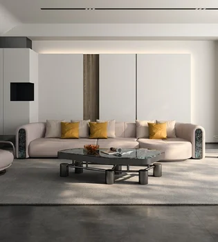 Итальянский минималистичный кожаный диван, верхний слой из воловьей кожи, прямая гостиная в постмодернистском стиле, легкий роскошный диван, четыре места