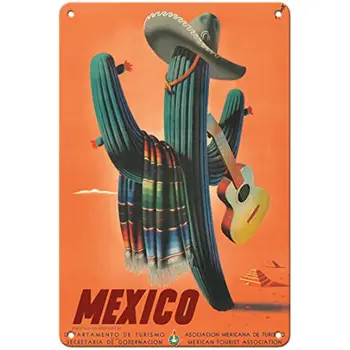 Кактус в сомбреро, Серапе и гитаре - Мексиканский туризм - Винтажный туристический плакат. Винтажная металлическая жестяная вывеска размером 8 x 12 дюймов