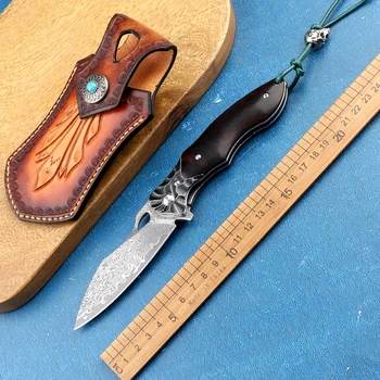Кемпинг на открытом воздухе VG10, дамасская деревянная ручка, тактический острый инструмент для выживания, охоты, самообороны, карманный складной нож с кожей