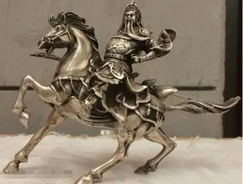 Китайская Народная культура Ручной работы старинная серебряная скульптура Гуань Гун из белой меди и бронзы верхом на лошади