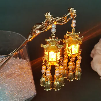 Китайский Дворцовый фонарь, зажимы-шпильки, металлические аксессуары для волос золотого цвета, палочки, вилки с ювелирными украшениями с подвесками для женщин