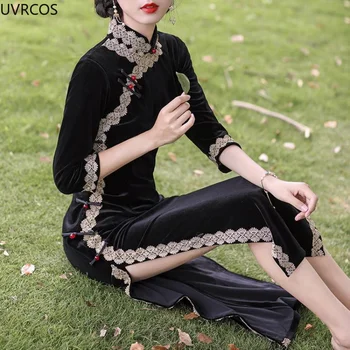 Китайское традиционное Черное бархатное платье Чонсам, женские Шикарные Жаккардовые платья Ципао с кружевным вырезом, Винтажная Элегантная Сексуальная Азиатская одежда