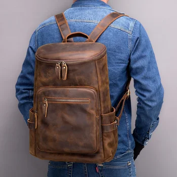 Кожаный рюкзак для ноутбука большой емкости Мужские рюкзаки из мягкой коровьей кожи Дорожная сумка Crazy Horse Ретро Модный дизайн 15,6 