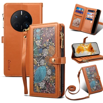 Кожаный флип-чехол для телефона Huawei Mate 50 Pro, бумажник с цветочной росписью, держатель для карт Mate50 50e, чехол для мобильного телефона Capa Coque