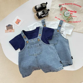 Комплекты одежды для новорожденных для девочек и мальчиков, футболка с коротким рукавом + джинсовый комбинезон, костюм из 2 предметов, хлопковая летняя повседневная одежда для малышей
