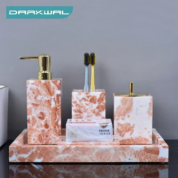Кораллово-розовый набор из натурального мрамора для ванной комнаты с дозатором мыла, держателем зубной щетки, контейнером для ватных тампонов, аксессуарами для ванной комнаты