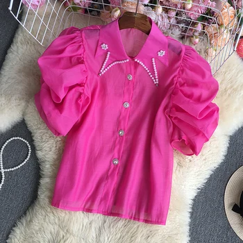 Корейская шикарная блузка, рубашки с отложным воротником, Женская рубашка, топы с бисером, женские повседневные блузки с пышными рукавами, Y2K Blusas, прямая поставка